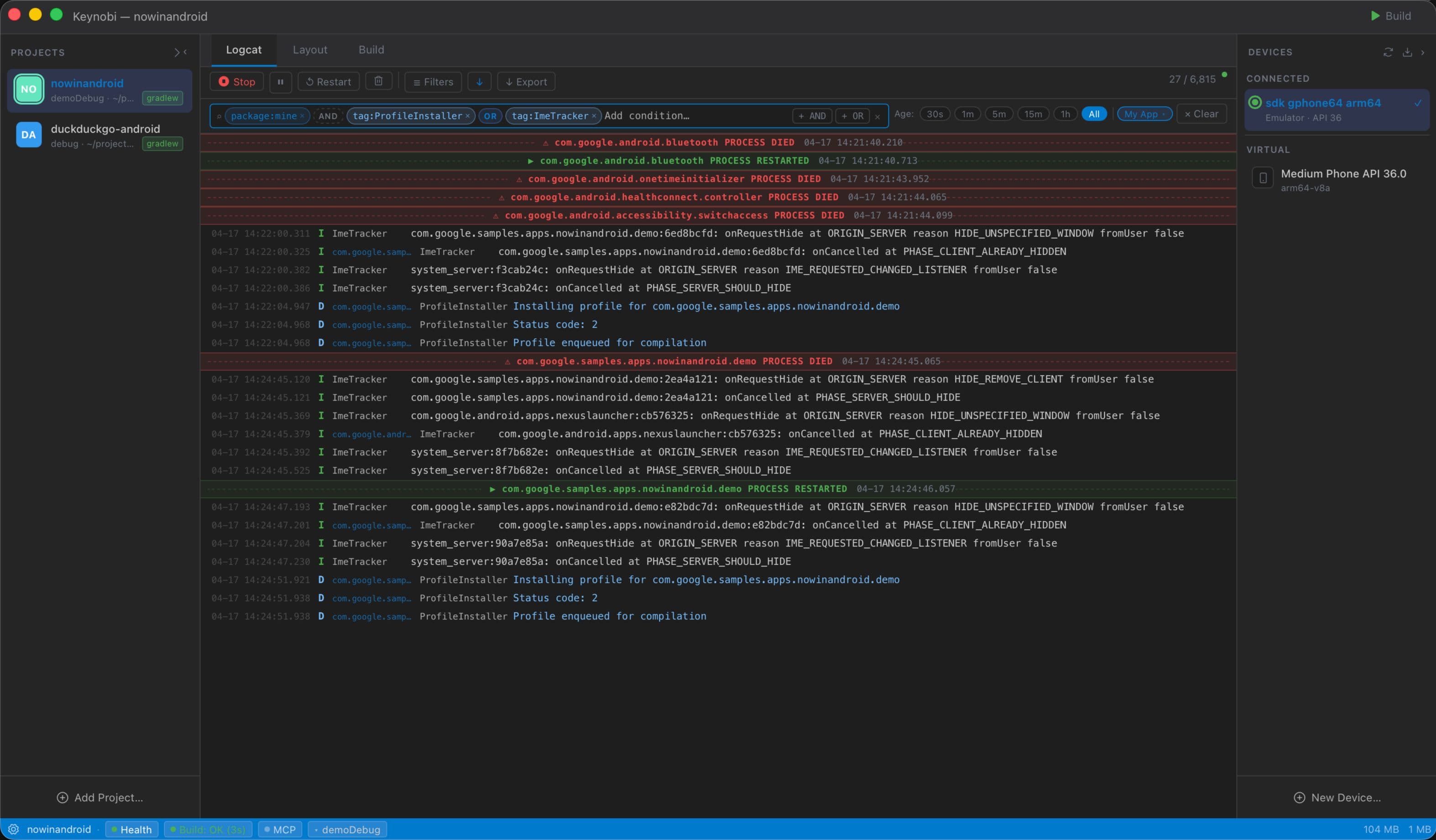 Keynobi on macOS: Logcat with filters, project sidebar, and device panel