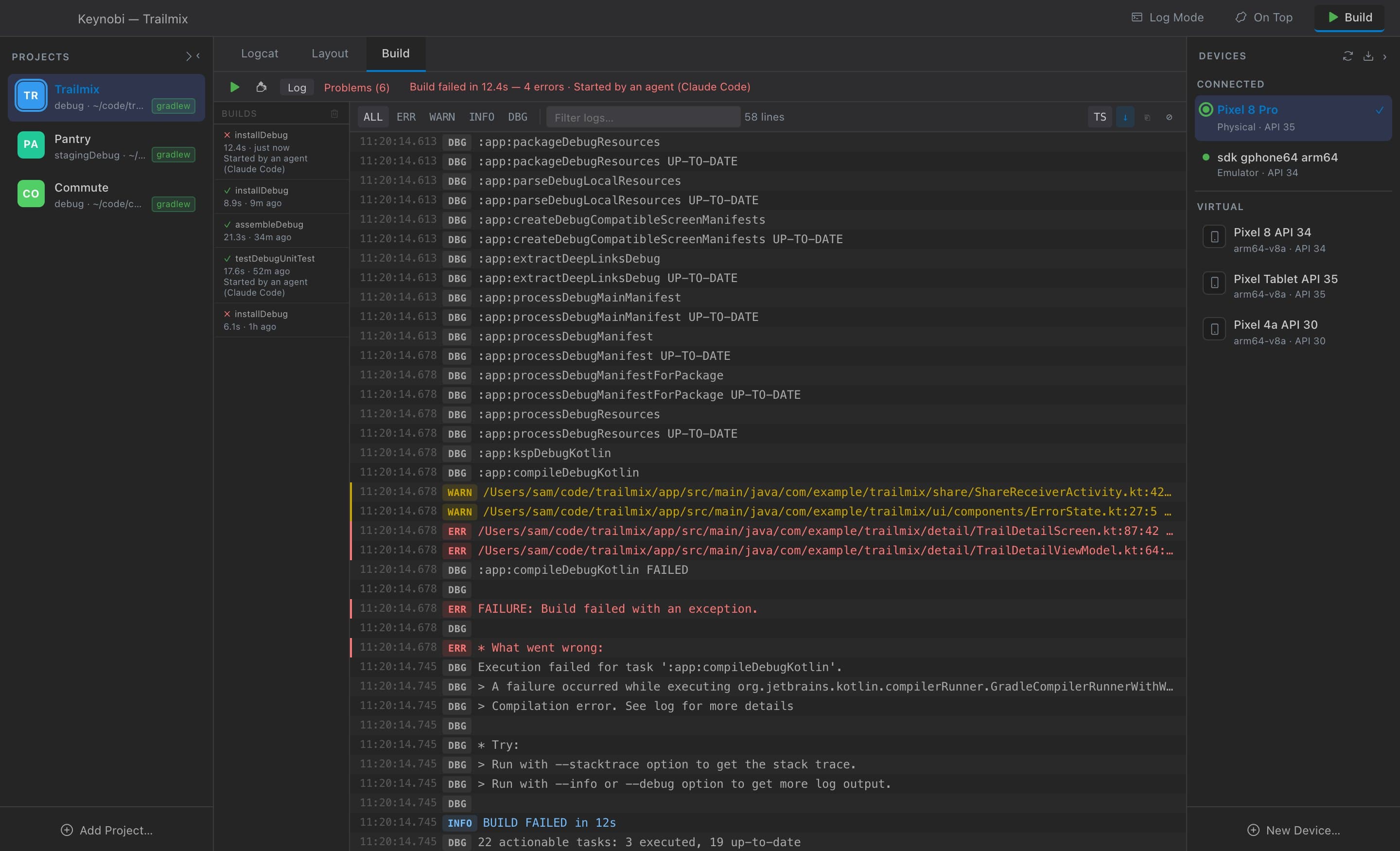 Keynobi Build tab: a failed installDebug started by Claude Code, with the Gradle log and build history