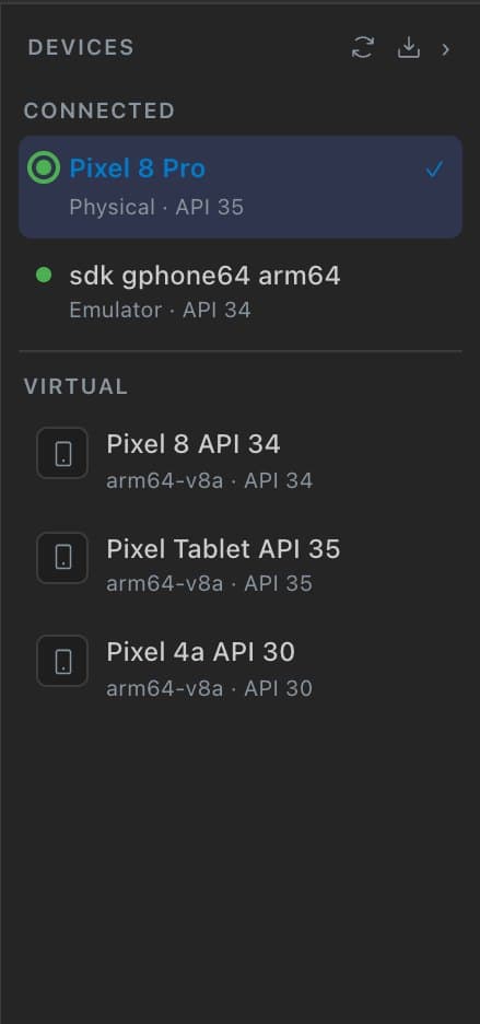 Keynobi device panel: a connected phone, an emulator, and three virtual devices