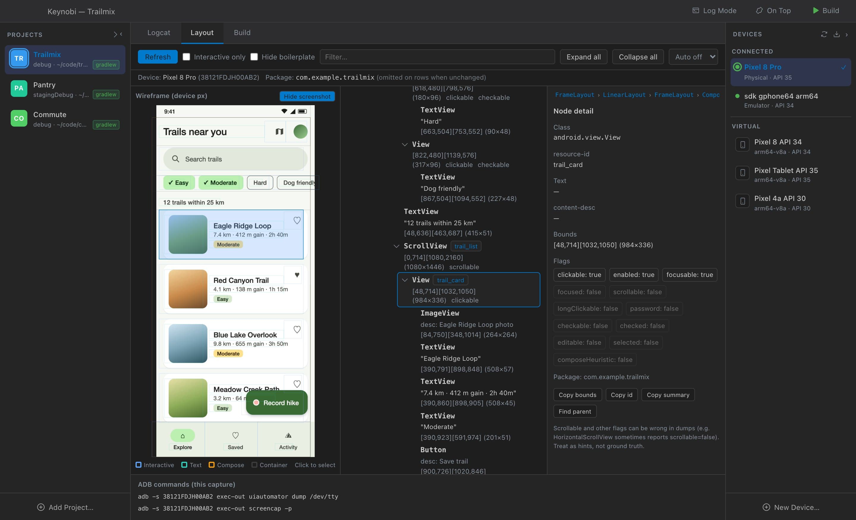 Keynobi Layout tab: wireframe over the device screenshot, UI tree, and node detail