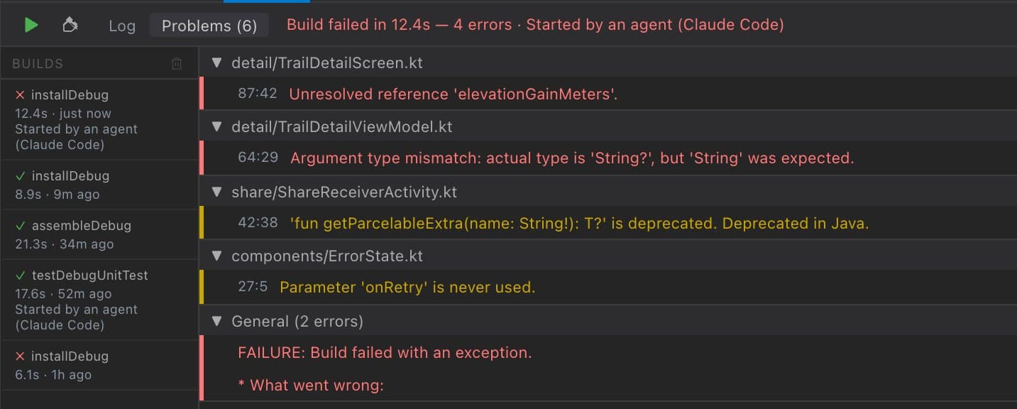 Keynobi build history and Problems grouped by file with line and column
