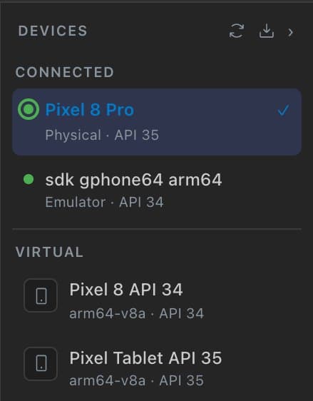 Keynobi device panel with a connected Pixel 8 Pro, an emulator, and virtual devices