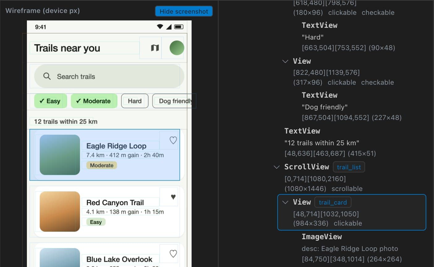 Keynobi Layout inspector: wireframe over the device screenshot, with the selected node in the tree